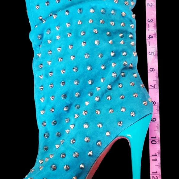 Designer Inspired Teal Studded Peep Toe High Heel Boots Size 42 - Picture 10 of 16